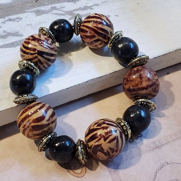 Vintage 90s Y2K Animal Giraffe Print Chunky Wood Beads Stretch Bangle Bracelet - Picture 1 of 11